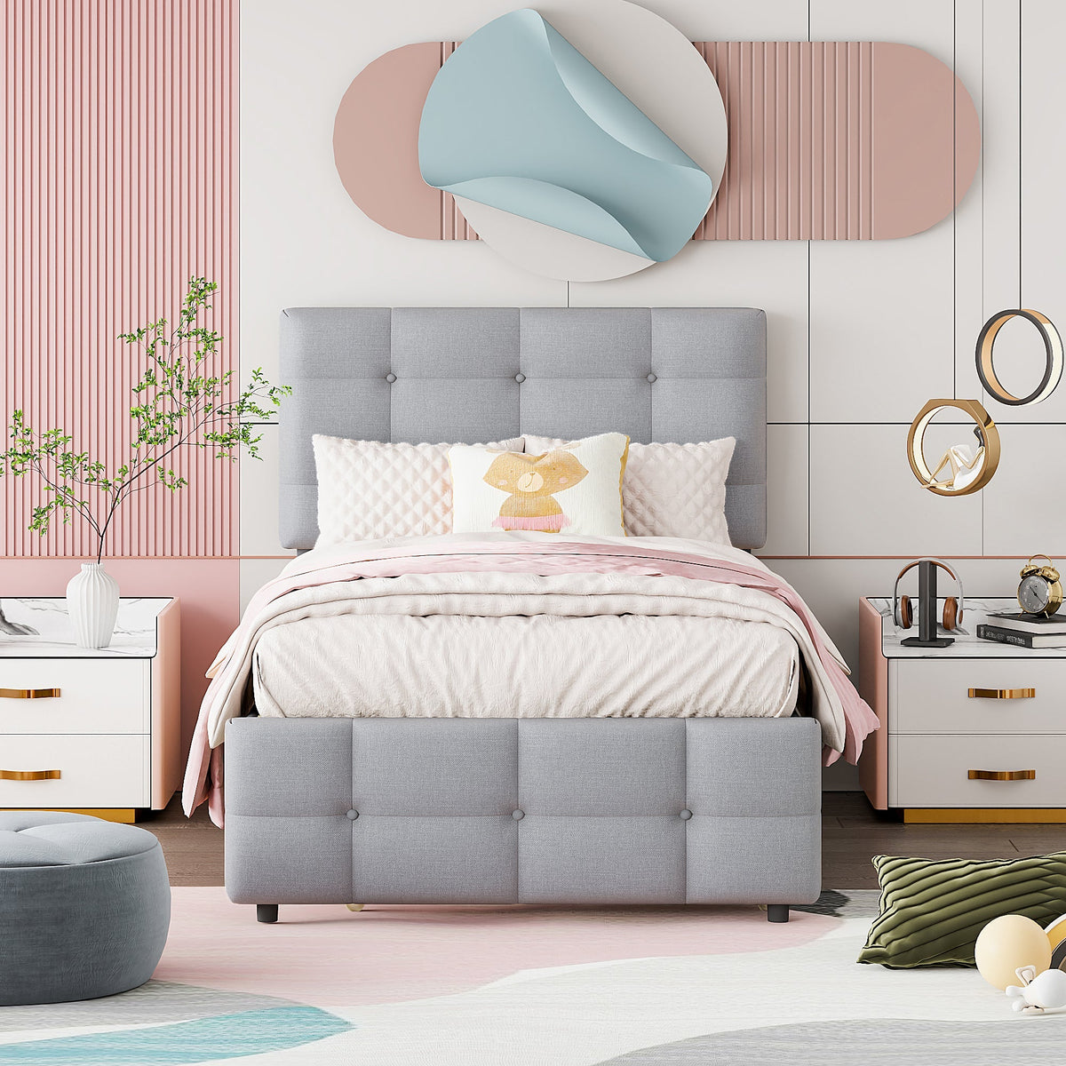 Upholstered Bed, Pull-Out Adjustable Headboard Single, Linen Grey