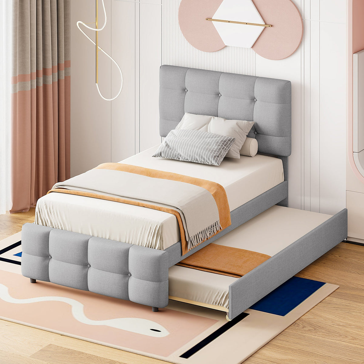 Upholstered Bed, Pull-Out Adjustable Headboard Single, Linen Grey