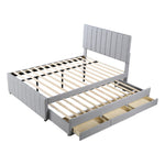 Upholstered Bed, 140x200cm, Pull-Out & Drawers, Linen Upholstery, Grey
