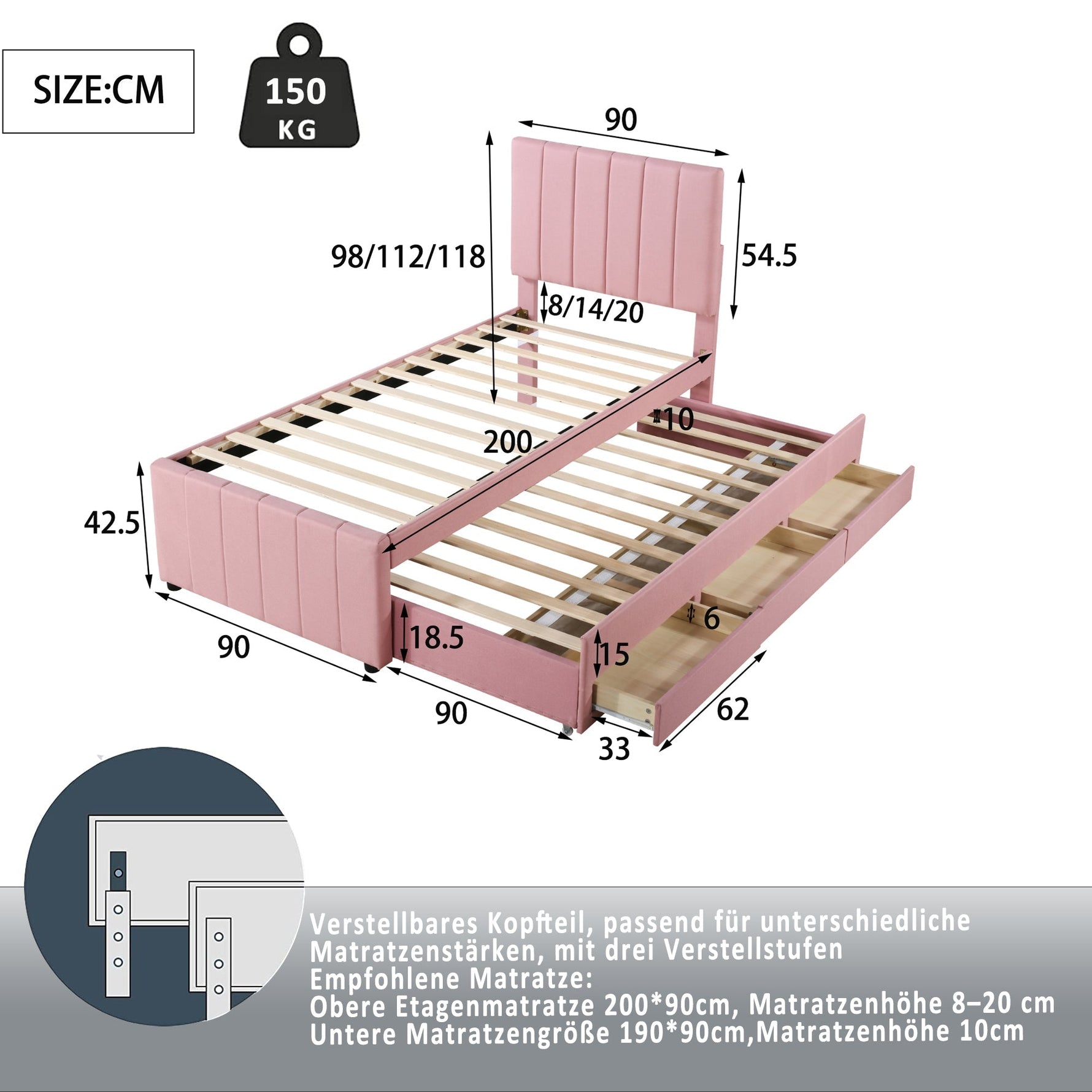 Upholstered Bed 90x200cm, Trundle & Storage, Linen (Pink)