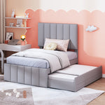 Upholstered Bed, 90x200cm Trundle with Storage Drawers, Linen Grey