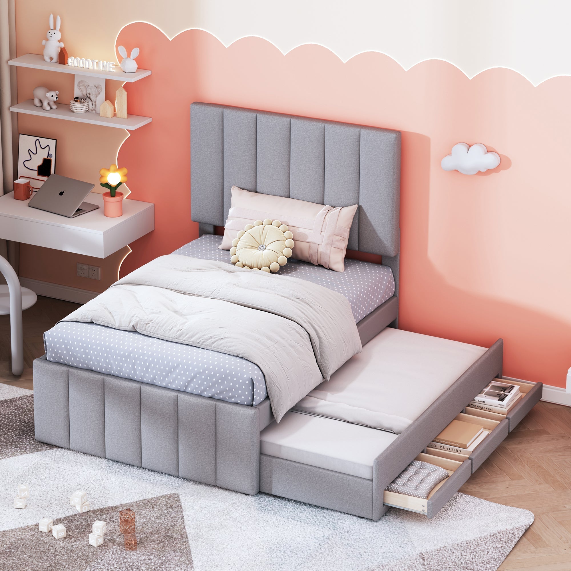 Upholstered Bed, 90x200cm Trundle with Storage Drawers, Linen Grey