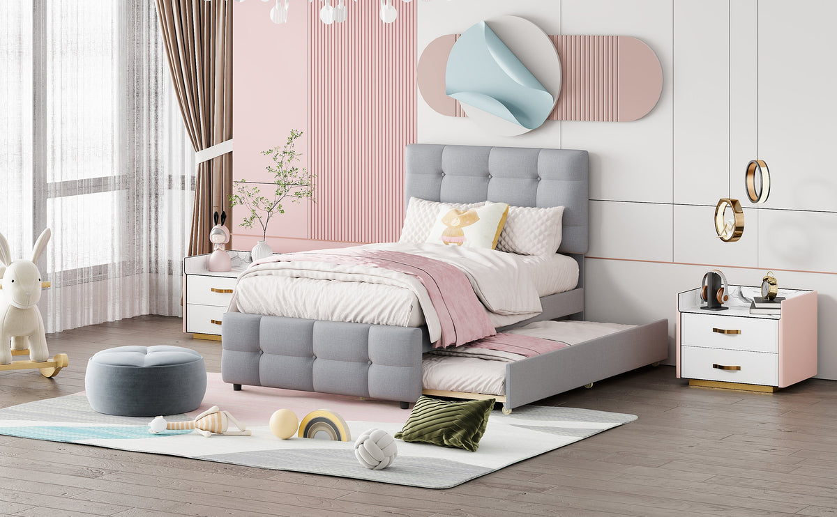 Upholstered Bed, Pull-Out Adjustable Headboard Single, Linen Grey