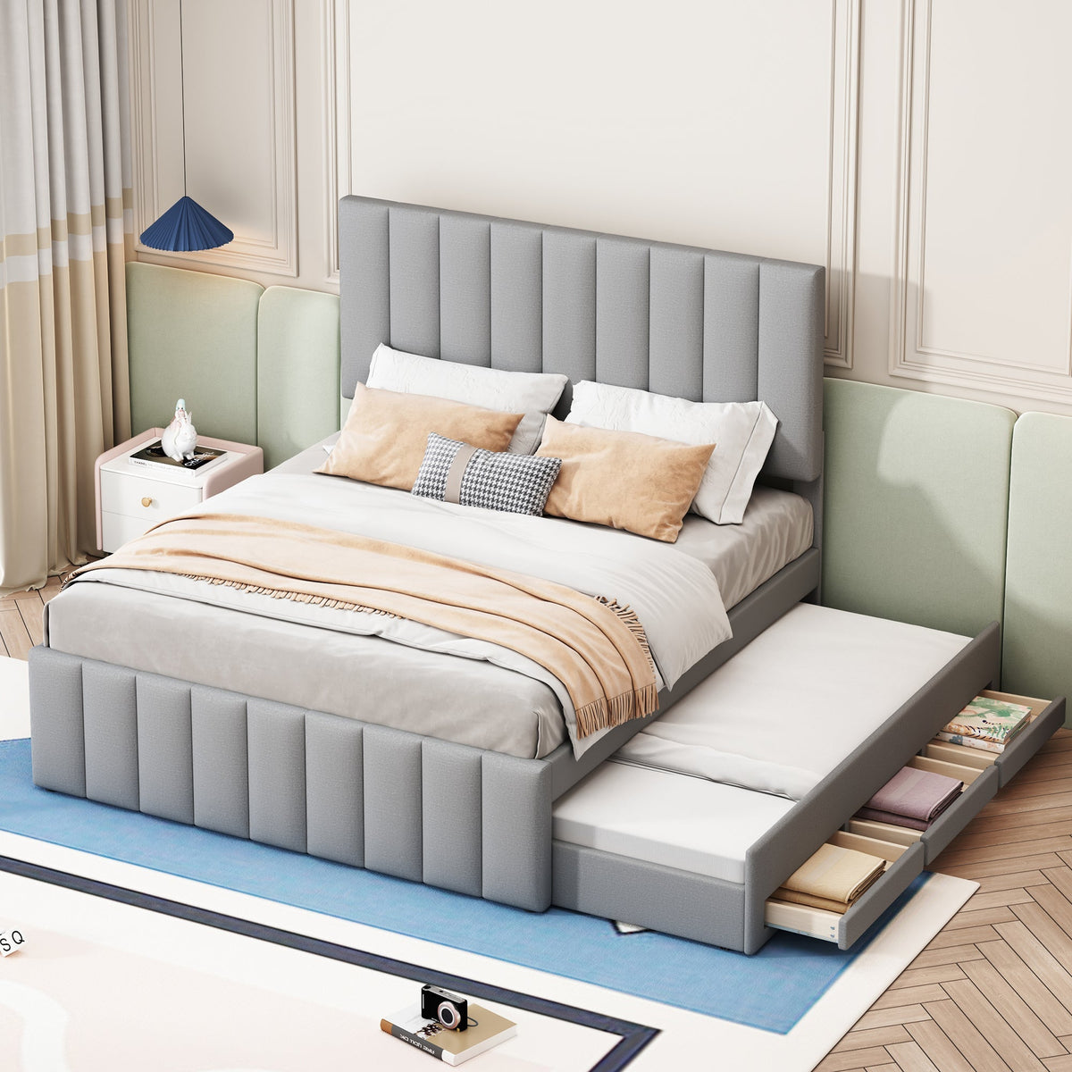 Upholstered Bed, 140x200cm, Pull-Out & Drawers, Linen Upholstery, Grey