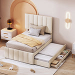 Upholstered Bed 90x200cm, Trundle & Storage, Linen Beige