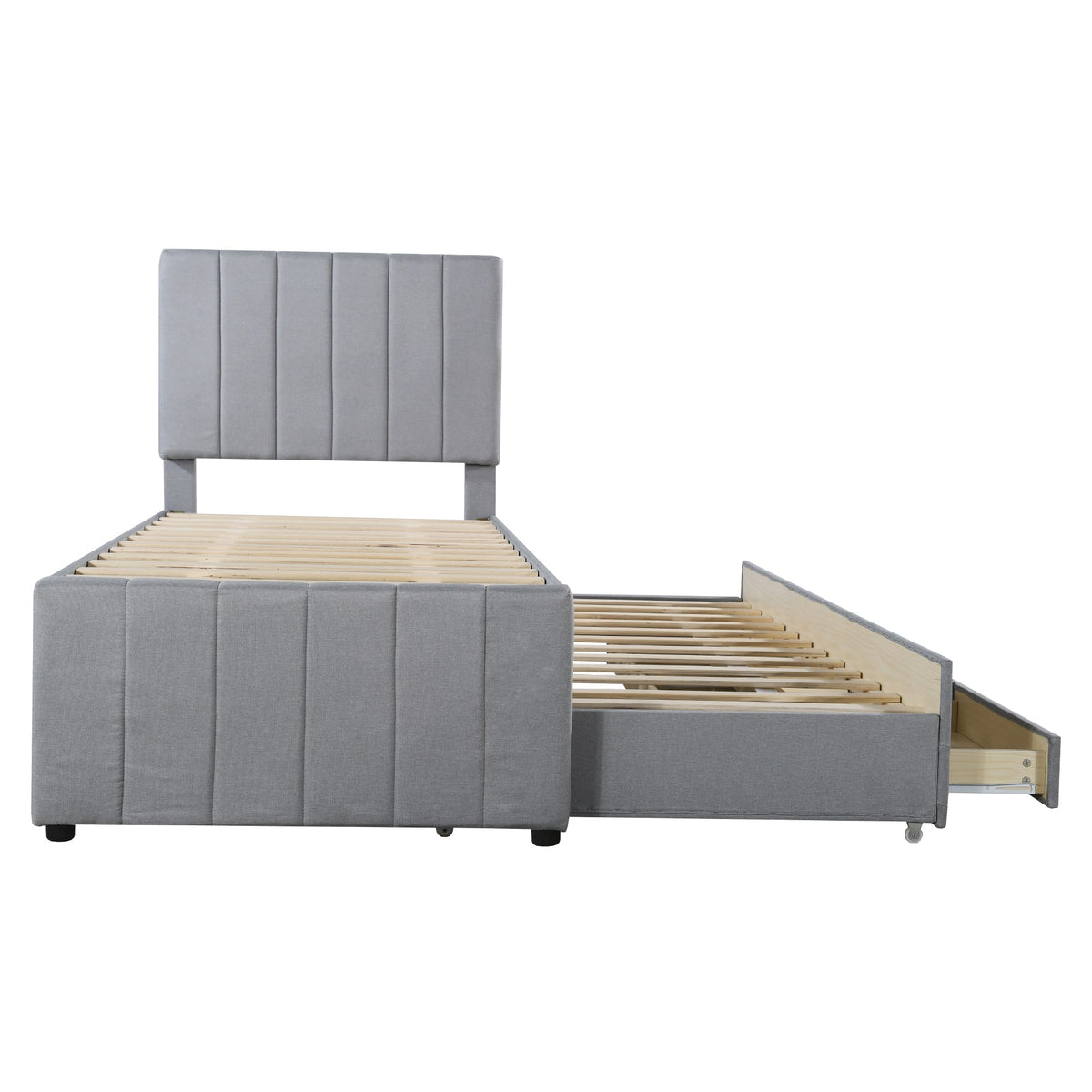 Upholstered Bed, 90x200cm Trundle with Storage Drawers, Linen Grey