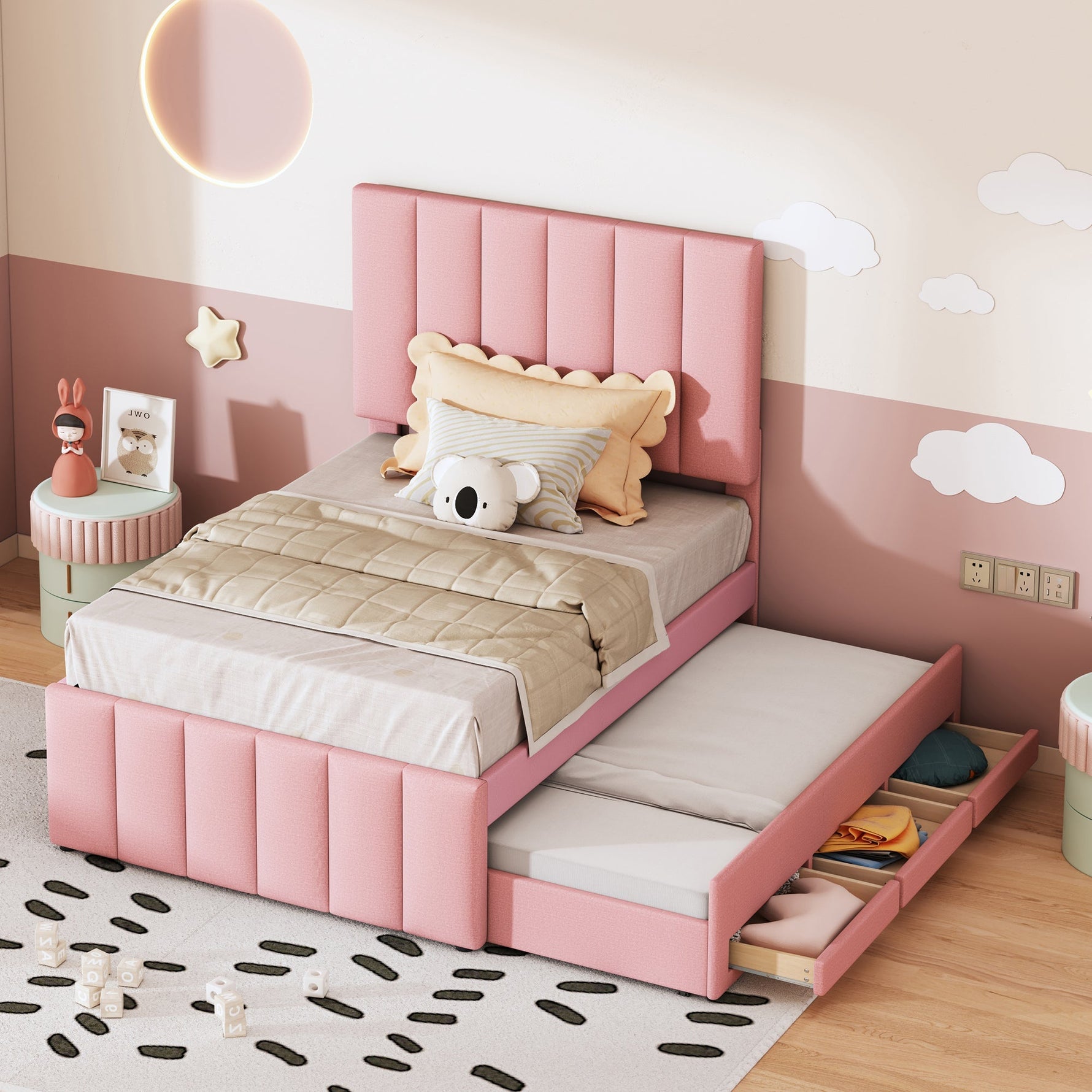 Upholstered Bed 90x200cm, Trundle & Storage, Linen (Pink)