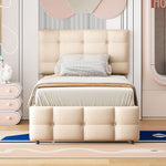 Upholstered Bed, 90x200cm Pull-Out Kids Bed with Adjustable Headboard, Linen Upholstery, Beige