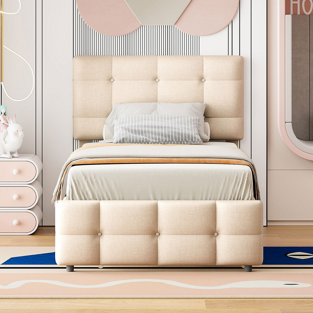 Upholstered Bed, 90x200cm Pull-Out Kids Bed with Adjustable Headboard, Linen Upholstery, Beige