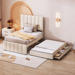 Upholstered Bed 90x200cm, Trundle & Storage, Linen Beige
