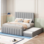 Upholstered Bed, 140x200cm, Pull-Out & Drawers, Linen Upholstery, Grey