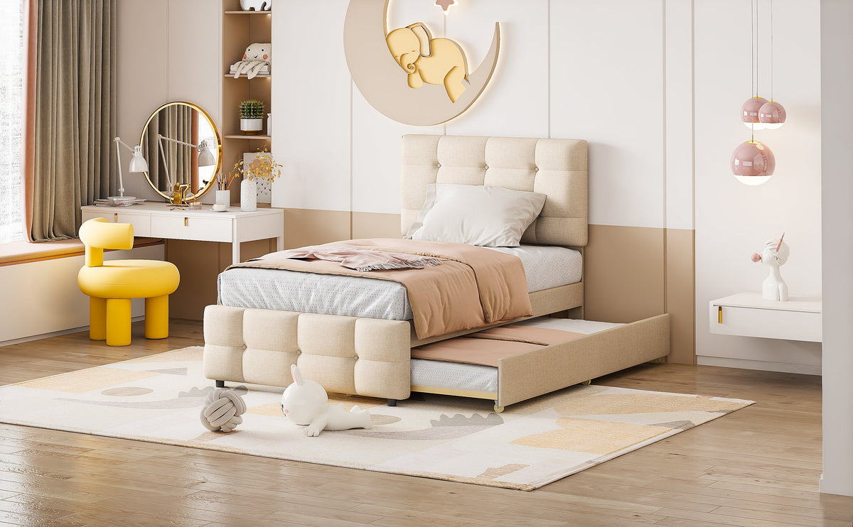 Upholstered Bed, 90x200cm Pull-Out Kids Bed with Adjustable Headboard, Linen Upholstery, Beige
