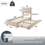 Upholstered Bed, 90x200cm Pull-Out Kids Bed with Adjustable Headboard, Linen Upholstery, Beige