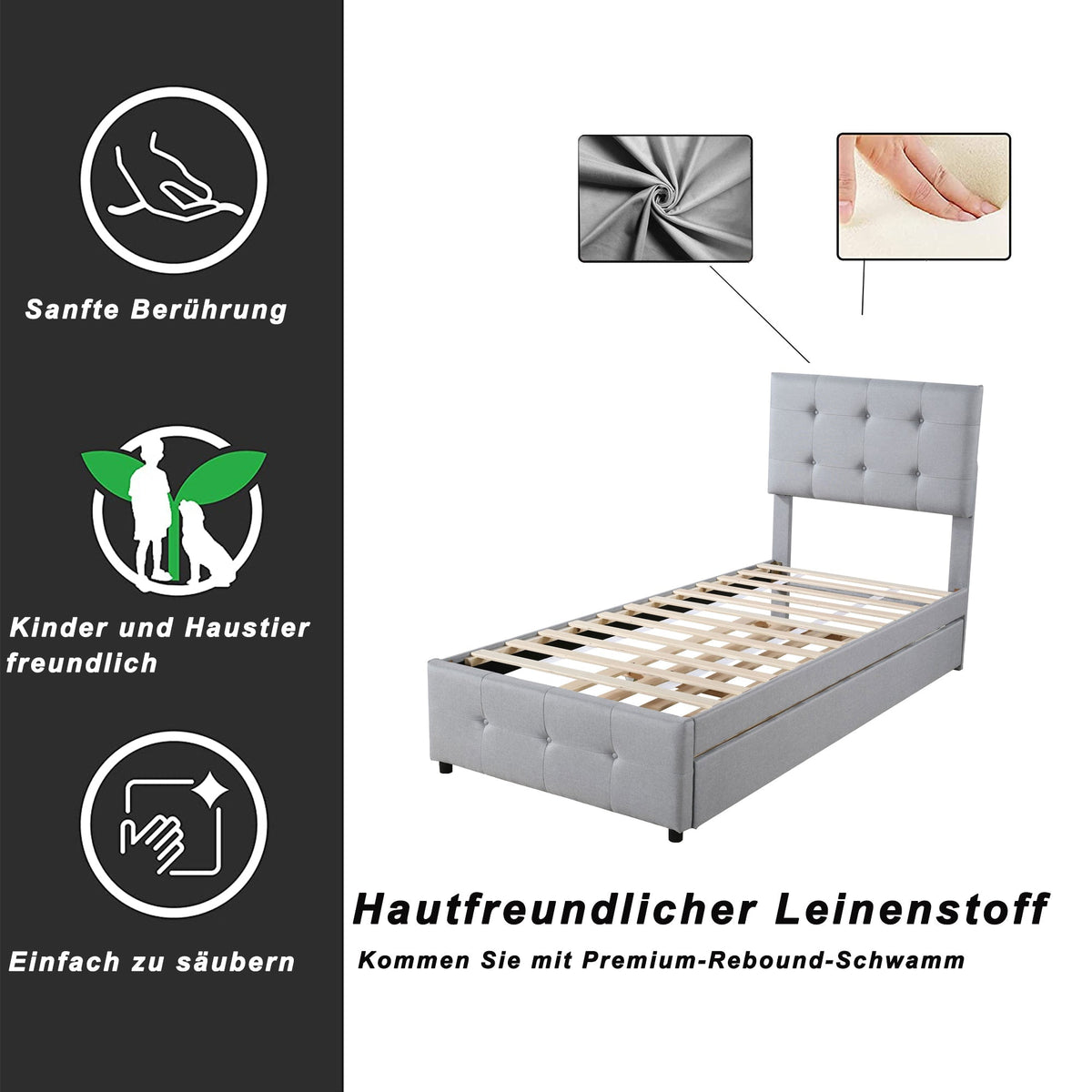 Upholstered Bed, Pull-Out Adjustable Headboard Single, Linen Grey