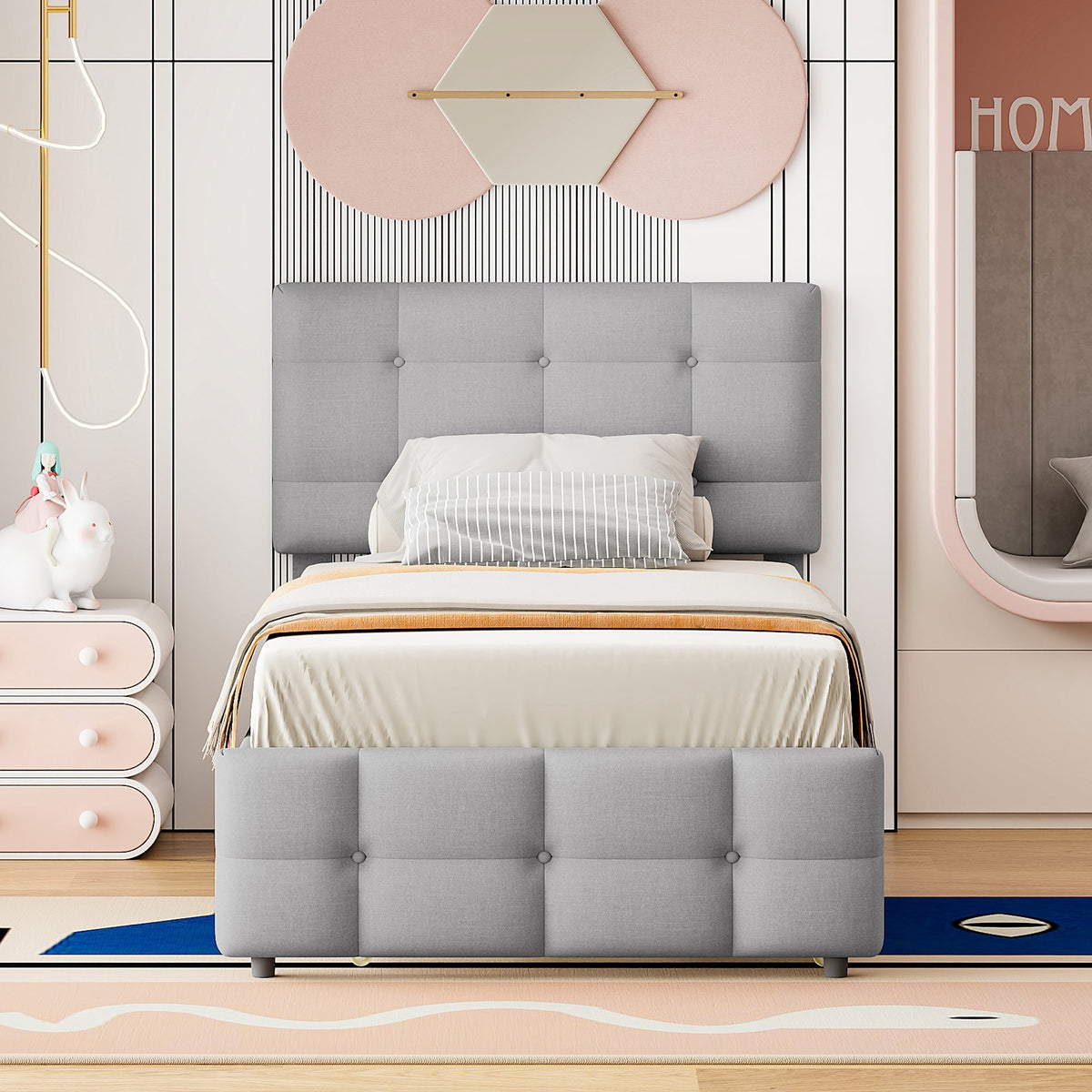 Upholstered Bed, Pull-Out Adjustable Headboard Single, Linen Grey