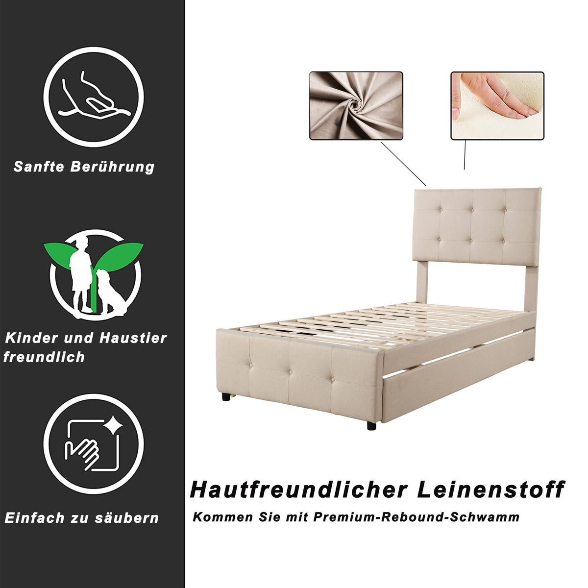 Upholstered Bed, 90x200cm Pull-Out Kids Bed with Adjustable Headboard, Linen Upholstery, Beige