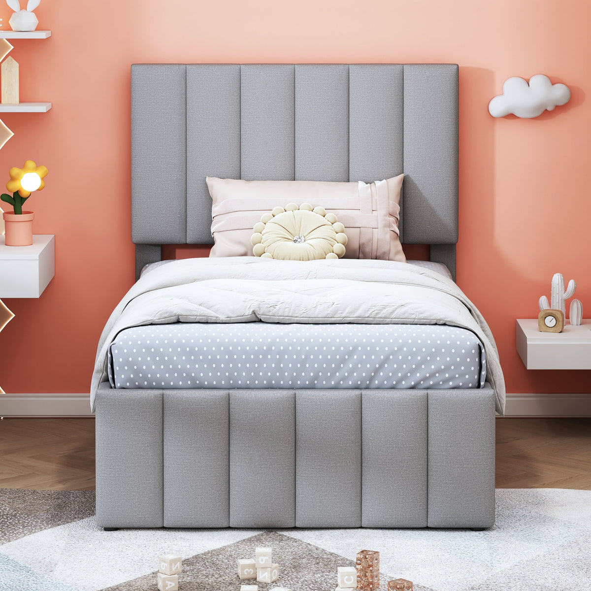 Upholstered Bed, 90x200cm Trundle with Storage Drawers, Linen Grey