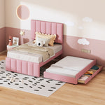 Upholstered Bed 90x200cm, Trundle & Storage, Linen (Pink)