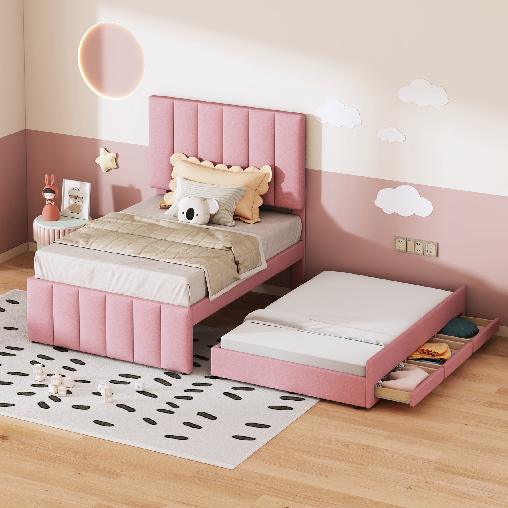 Upholstered Bed 90x200cm, Trundle & Storage, Linen (Pink)