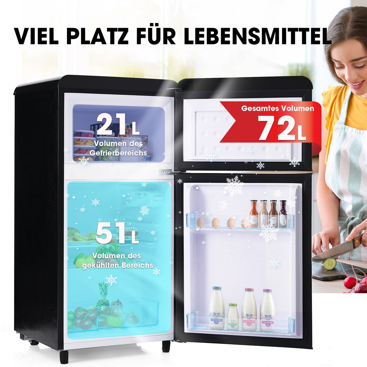 Retro Refrigerator, Double-Door 72L Capacity, LED Lighting, Various Colors