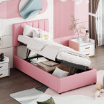 Children's Bed Upholstered Hydraulic Storage High Box Bed, 90x200 cm, Pink Linen