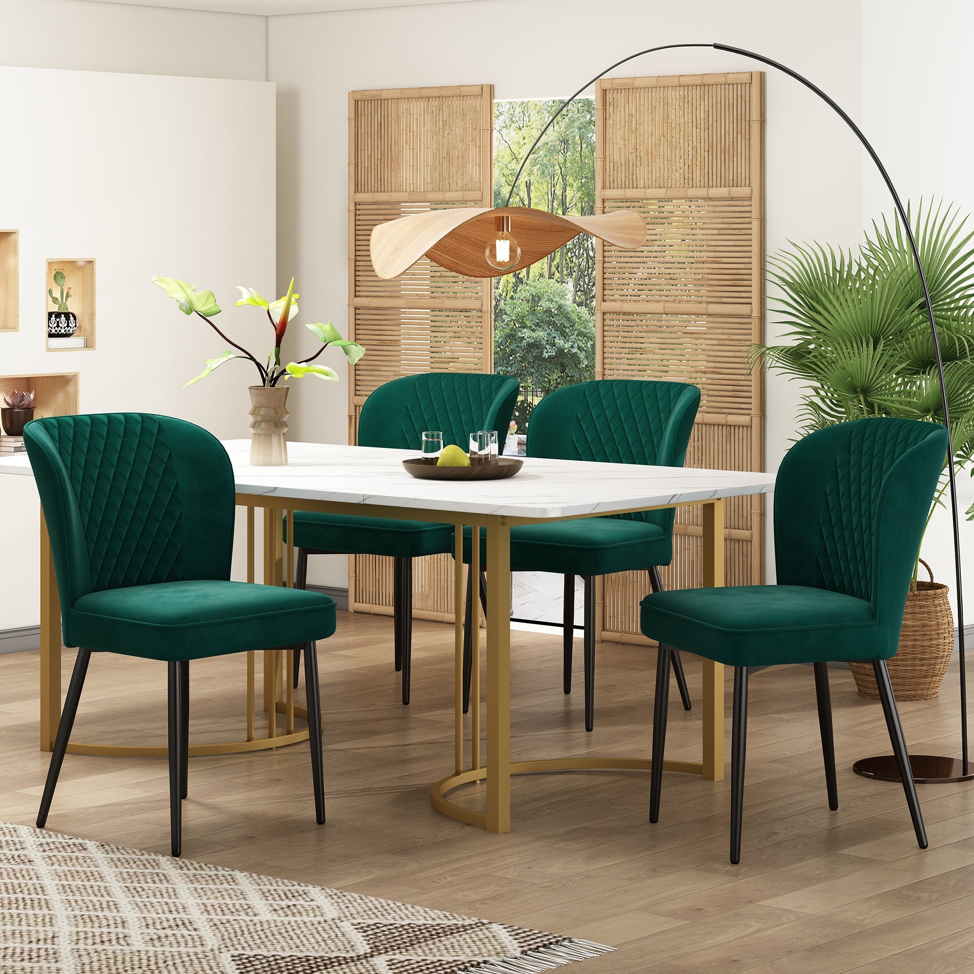 Dining Set 5-Piece 140x80cm Modern Table & 4 Chairs Dark Green Velvet White MDF Gold