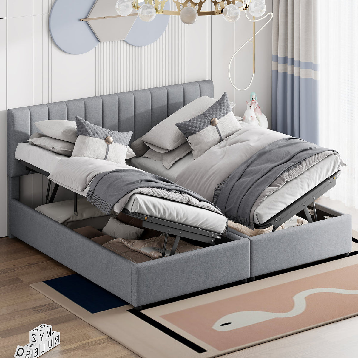 Upholstered Bed, 180x200 cm Hydraulic Storage, Linen Grey