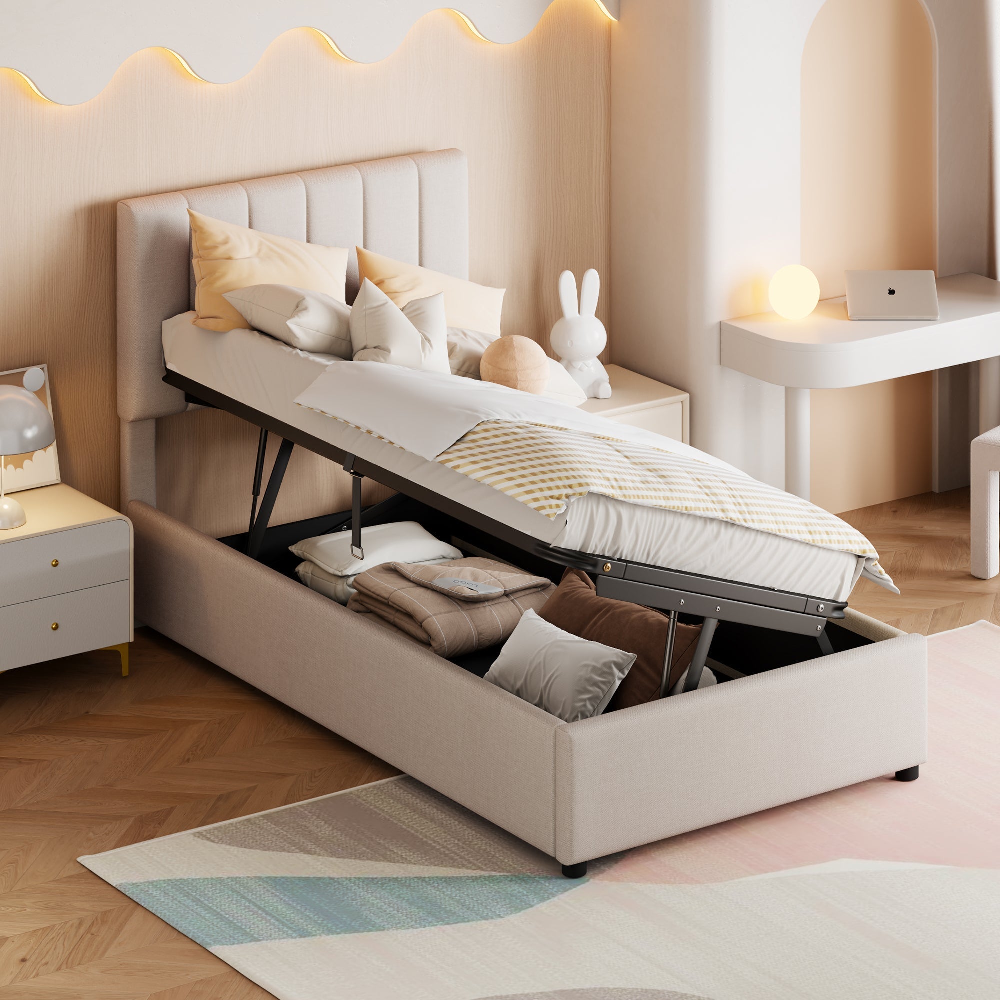 Children's Upholstered Loft Bed 90x200cm Hydraulic Storage, Linen Beige