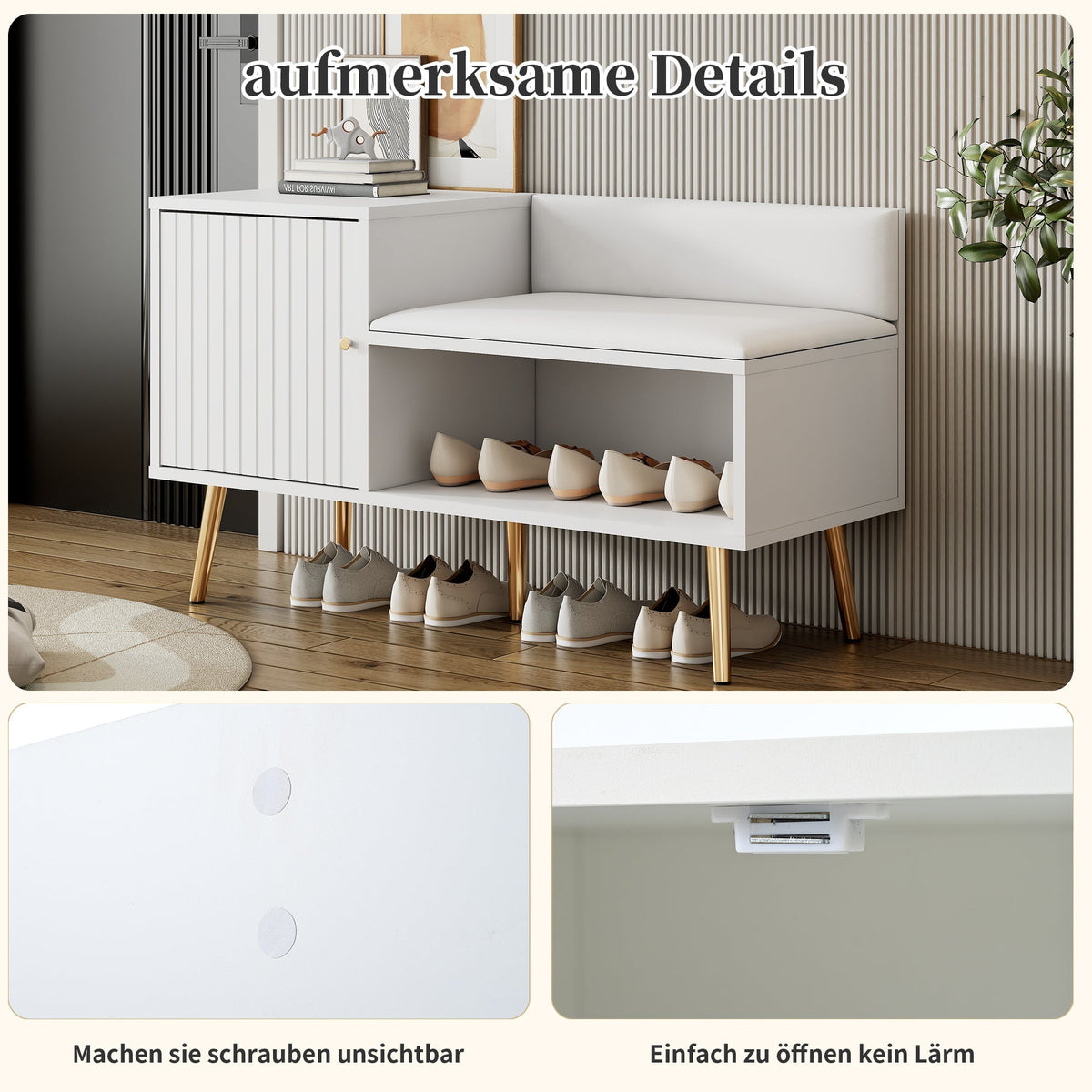 modern luxurious shoe chest with storage, upholstered bench, backrest, metal handles and legs, white