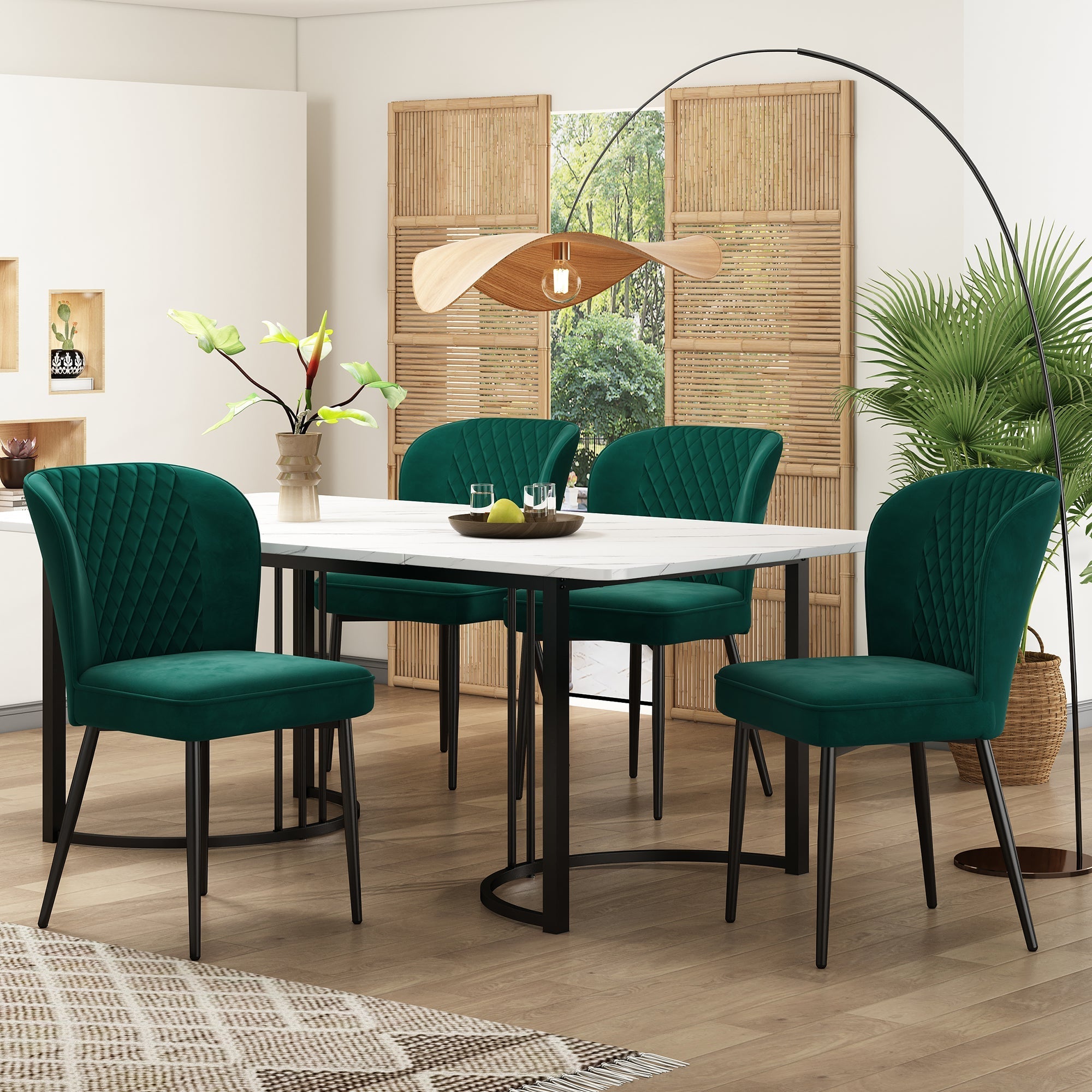 Dining Set 5-Piece Modern 140x80cm Table White MDF with 4 Upholstered Chairs, Dark Green Velvet / Black
