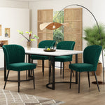 Dining Set 5-Piece Modern 140x80cm Table White MDF with 4 Upholstered Chairs, Dark Green Velvet / Black