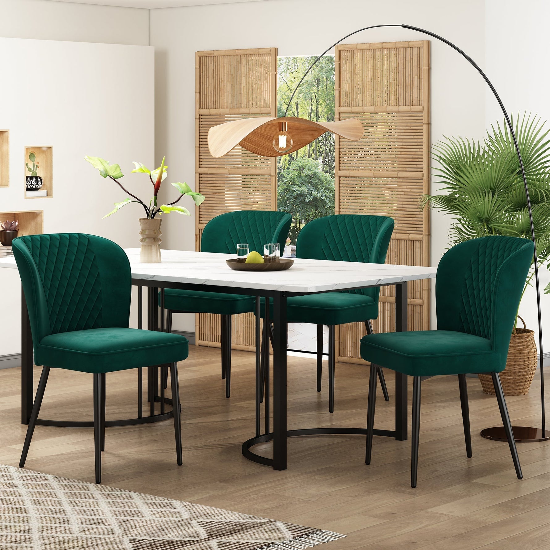 Dining Set 5-Piece Modern 140x80cm Table White MDF with 4 Upholstered Chairs, Dark Green Velvet / Black