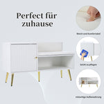 modern luxurious shoe chest with storage, upholstered bench, backrest, metal handles and legs, white