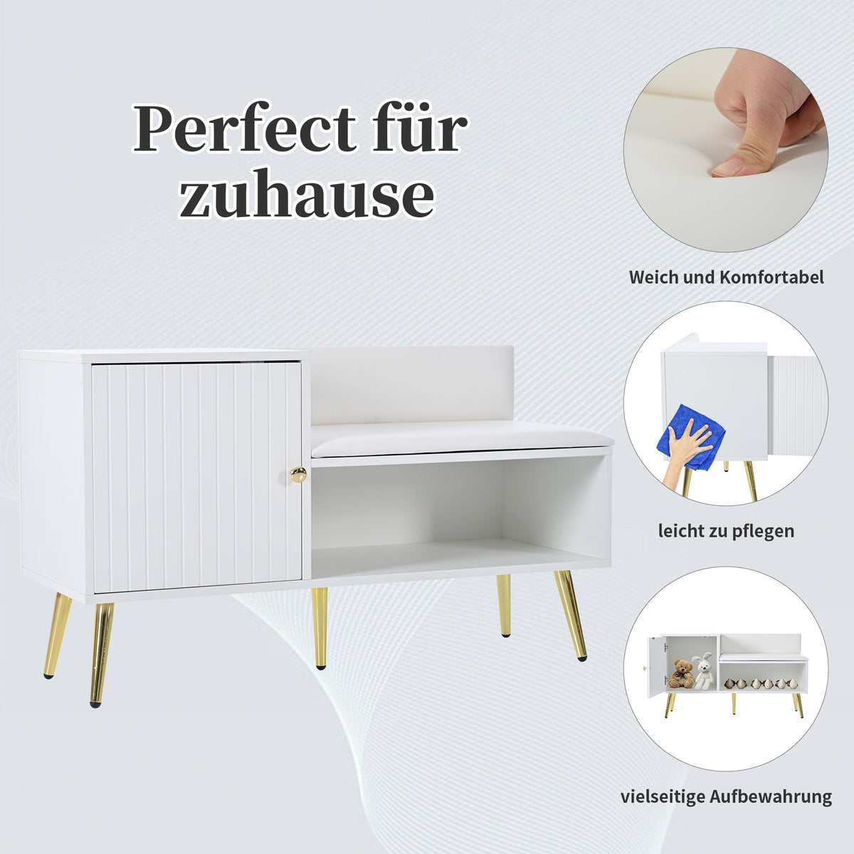 modern luxurious shoe chest with storage, upholstered bench, backrest, metal handles and legs, white