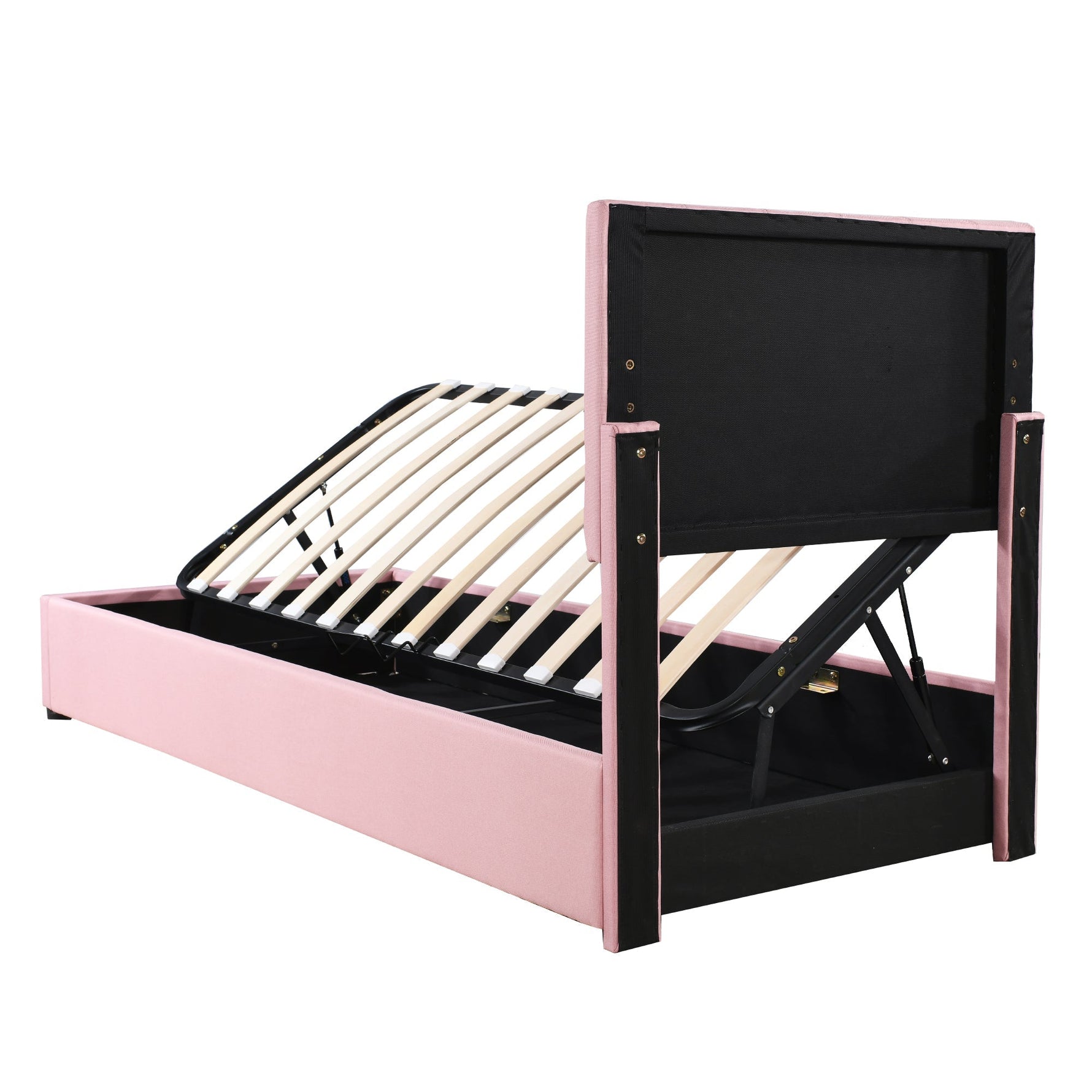Children's Bed Upholstered Hydraulic Storage High Box Bed, 90x200 cm, Pink Linen