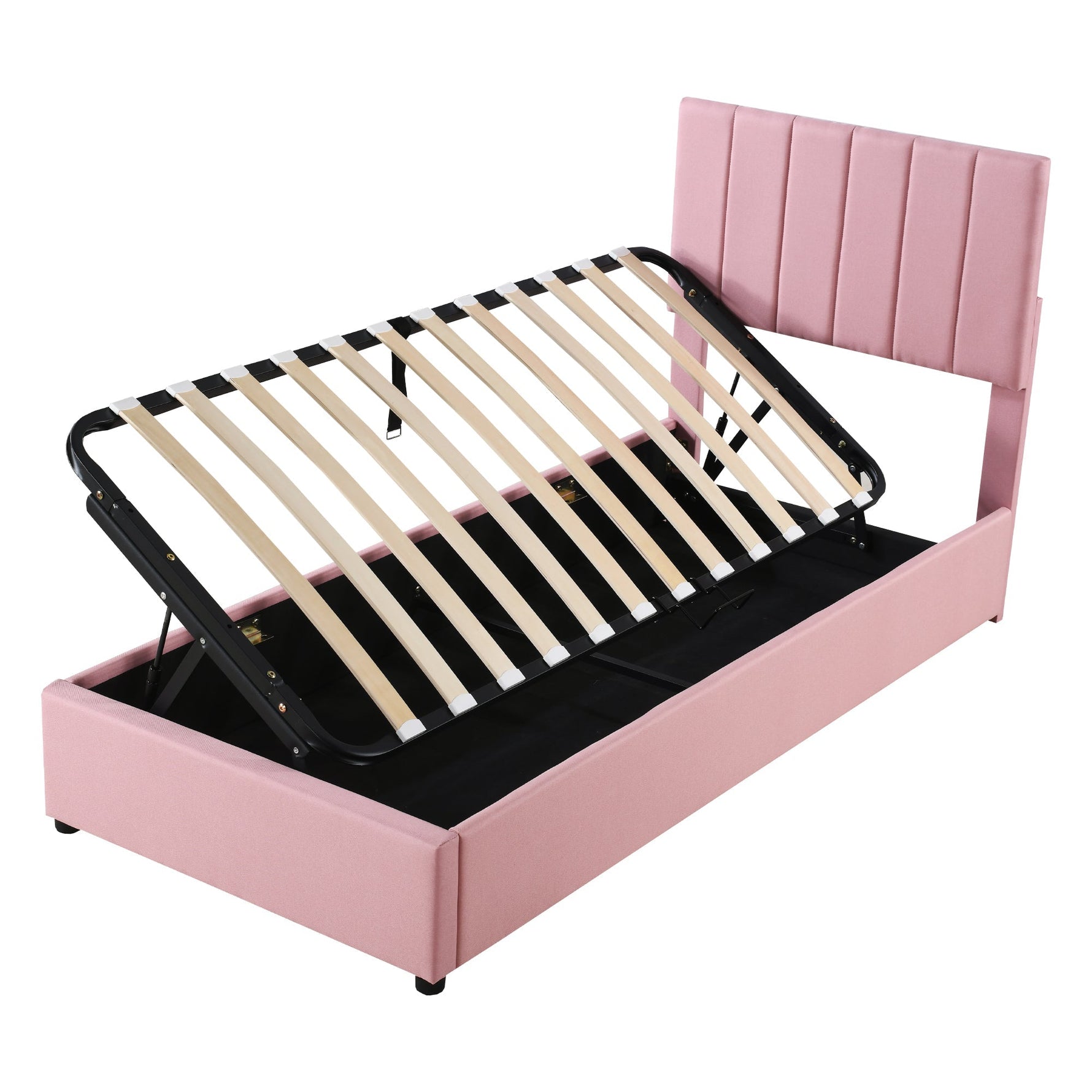 Children's Bed Upholstered Hydraulic Storage High Box Bed, 90x200 cm, Pink Linen