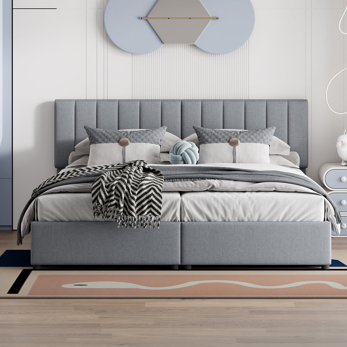 Upholstered Bed, 180x200 cm Hydraulic Storage, Linen Grey