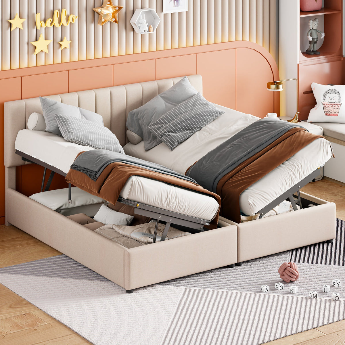 Upholstered Bed 180x200 cm Hydraulic Storage Multifunctional Beige Linen