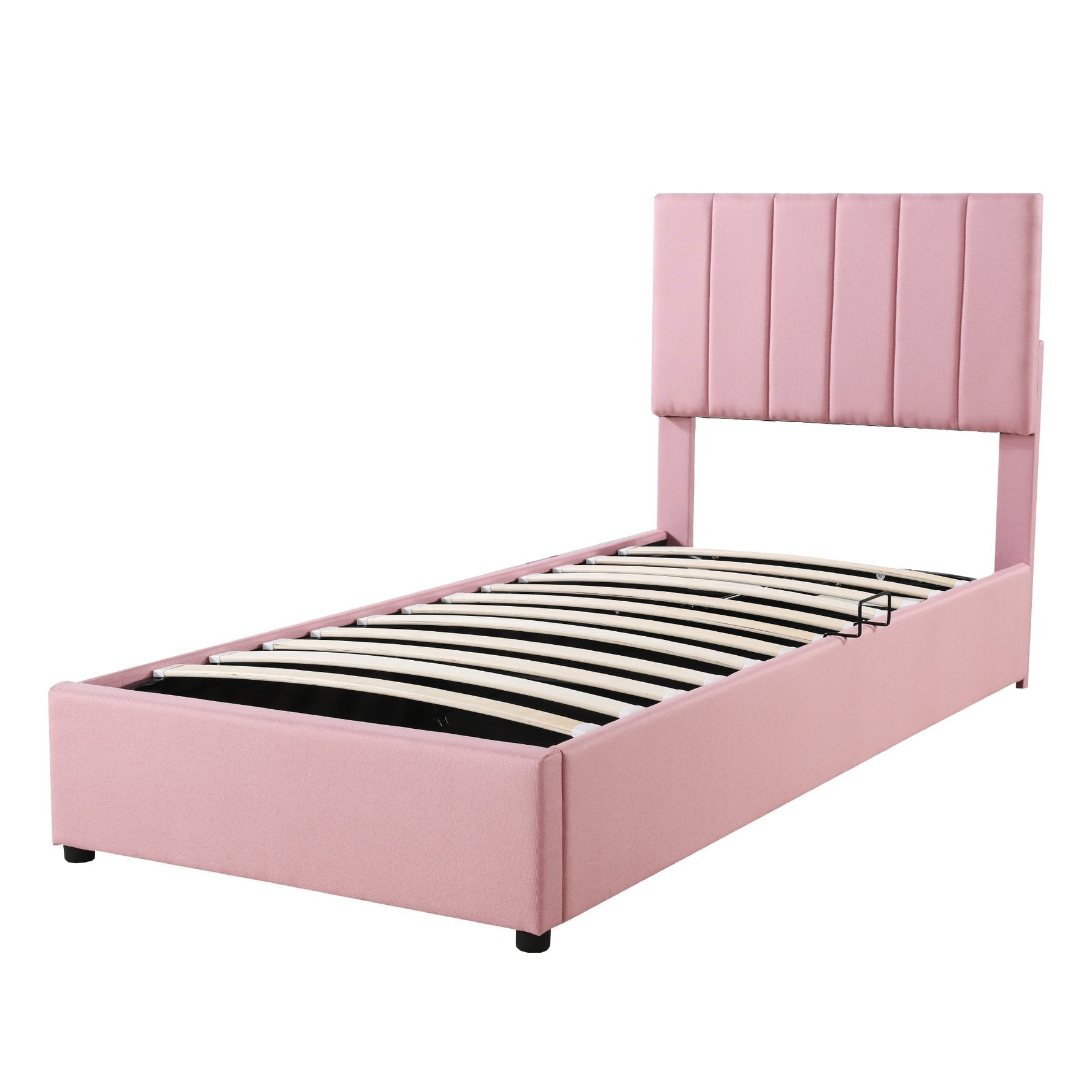 Children's Bed Upholstered Hydraulic Storage High Box Bed, 90x200 cm, Pink Linen