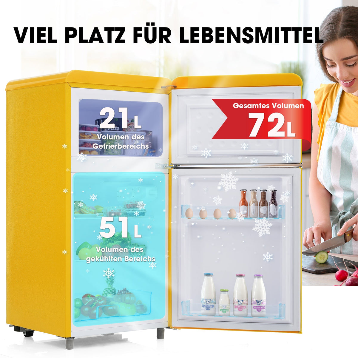 Retro Refrigerator, Double-Door 72L Total 21L Freezer, LED, Various Colors