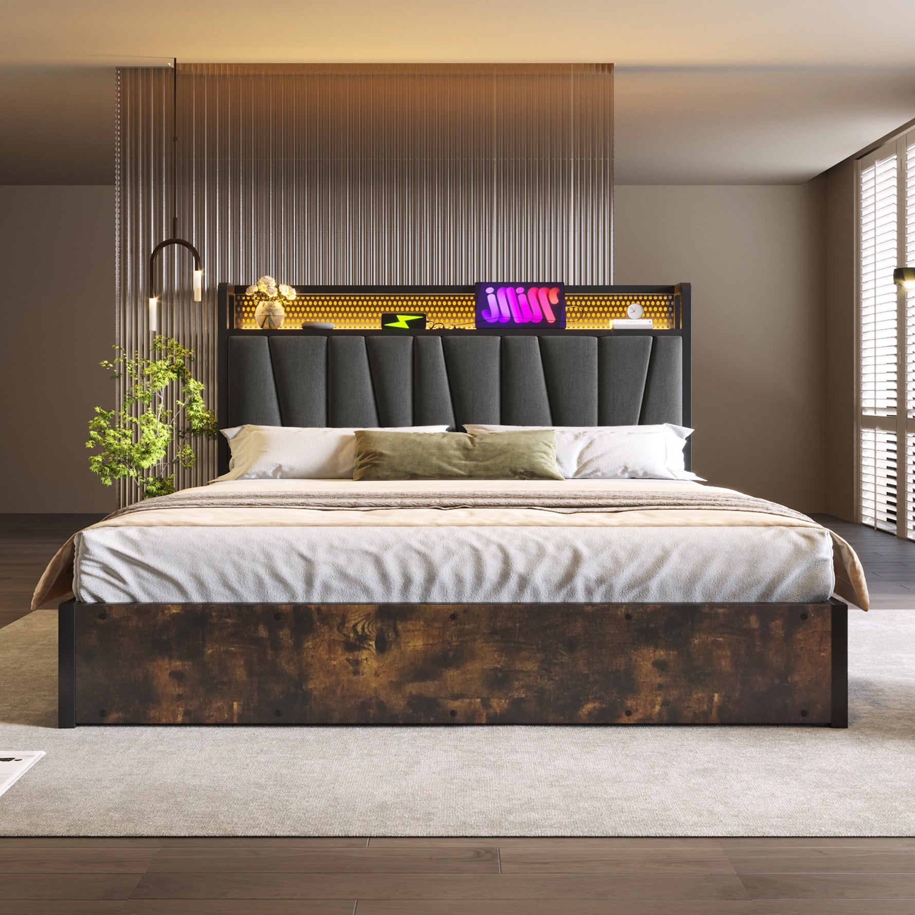 Upholstered Metal Bed, LED App-Control Double with USB, Gray