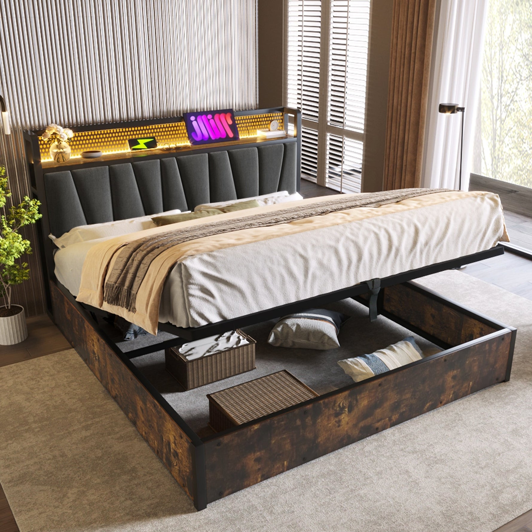 Upholstered Metal Bed, LED App-Control Double with USB, Gray