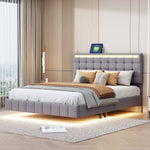 Upholstered Bed 140x200cm, Floating Frame with LED Lights & Headboard, Linen Grey