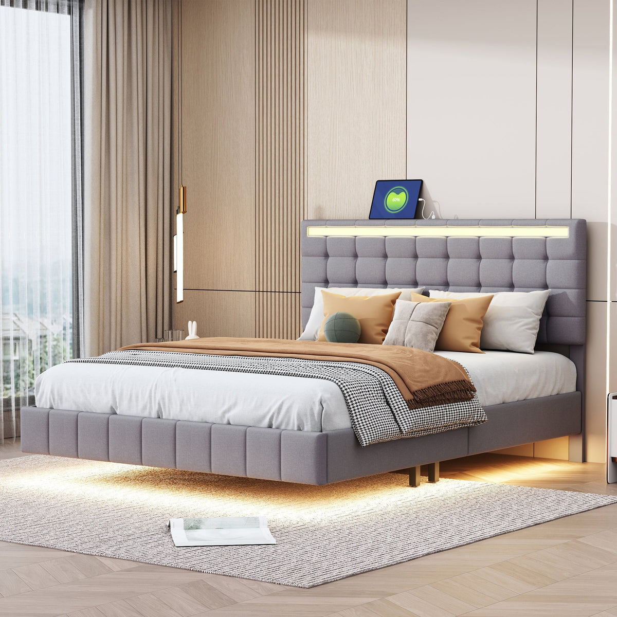 Upholstered Bed 140x200cm, Floating Frame with LED Lights & Headboard, Linen Grey