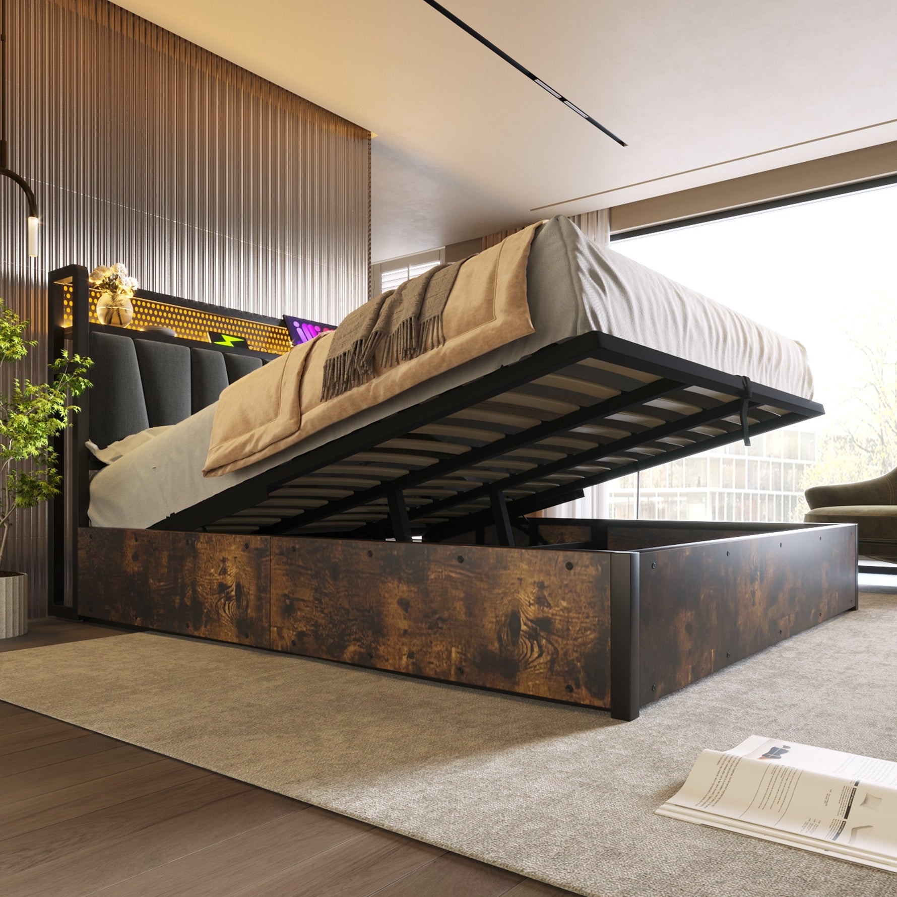 Upholstered Metal Bed, LED App-Control Double with USB, Gray