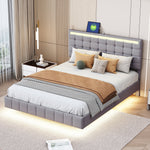 Upholstered Bed 140x200cm, Floating Frame with LED Lights & Headboard, Linen Grey