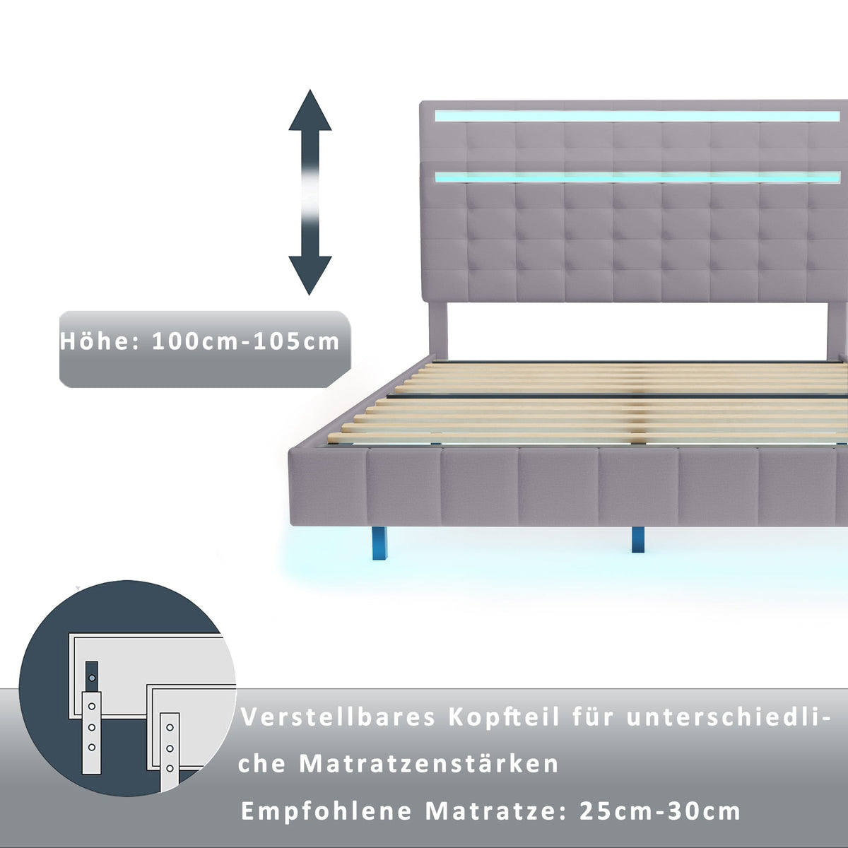 Upholstered Bed 140x200cm, Floating Frame with LED Lights & Headboard, Linen Grey