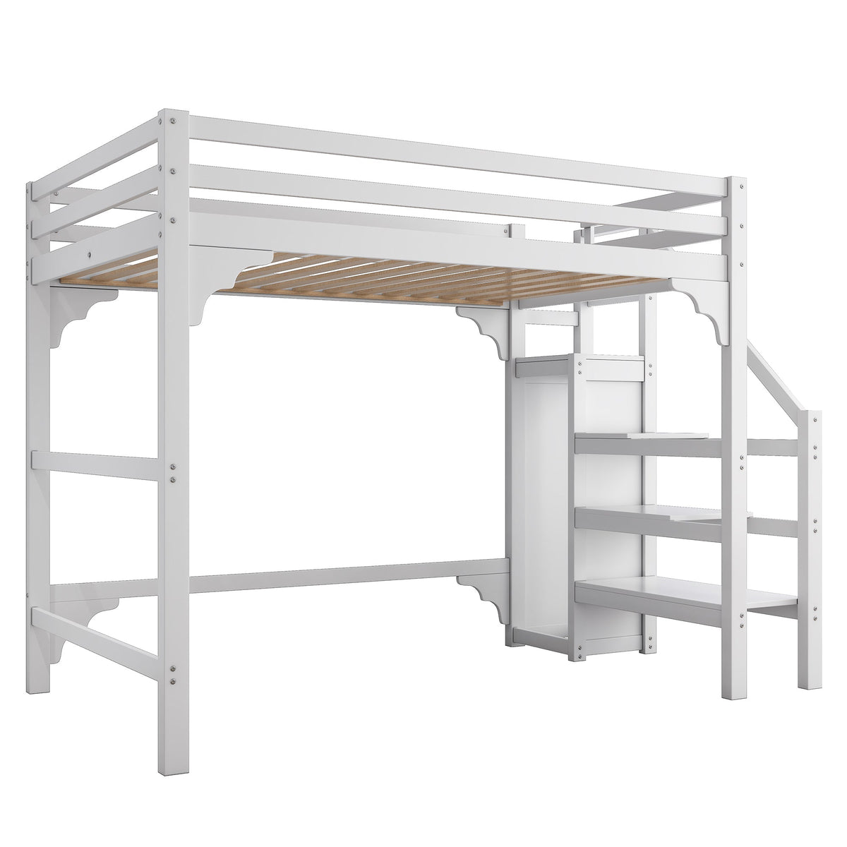 Loft Bed 140x200cm Steps Wardrobe Storage - White