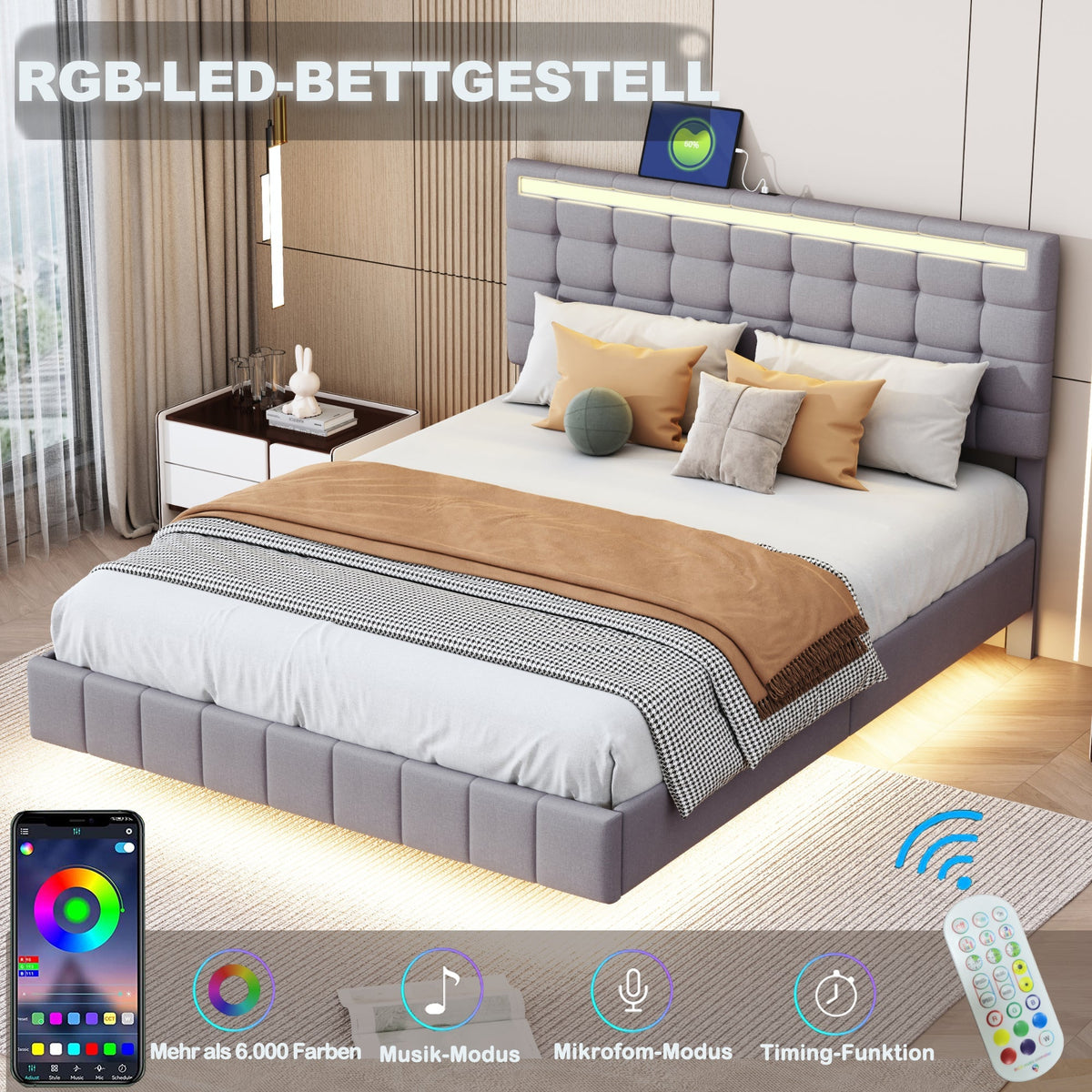 Upholstered Bed 140x200cm, Floating Frame with LED Lights & Headboard, Linen Grey