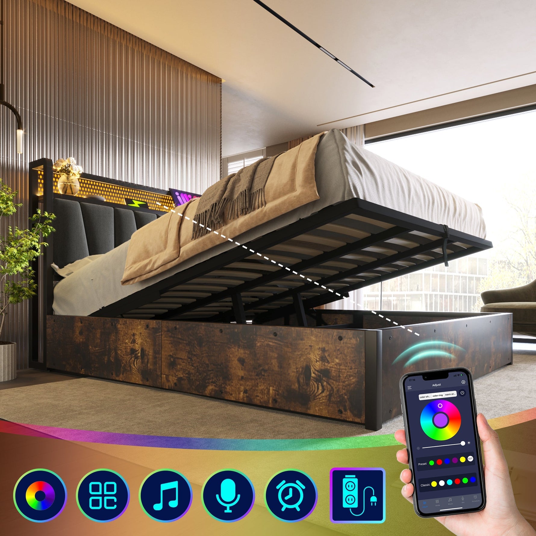 Upholstered Metal Bed, LED App-Control Double with USB, Gray